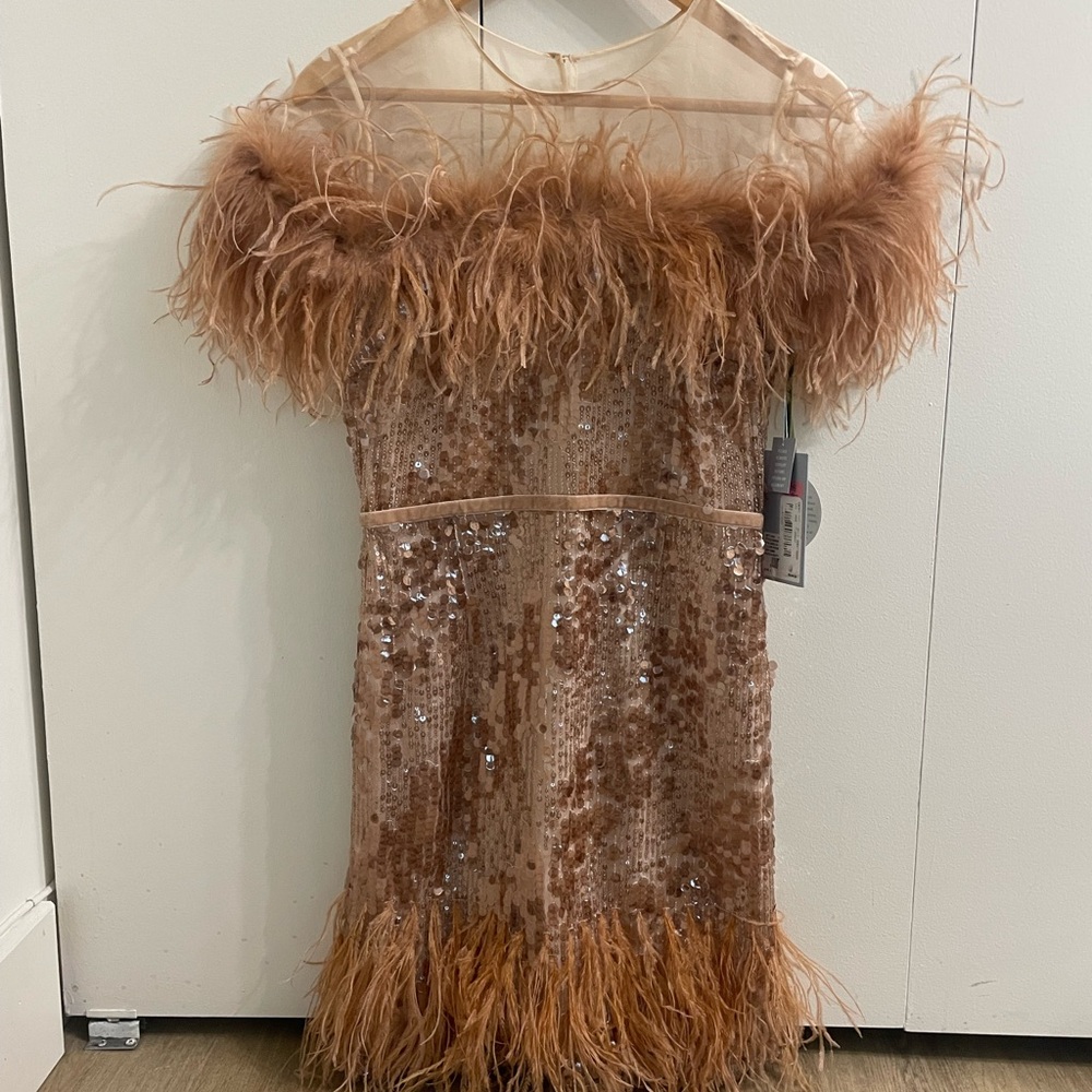 Nicola Bathie Sequin Rose Gold Dress with Feather